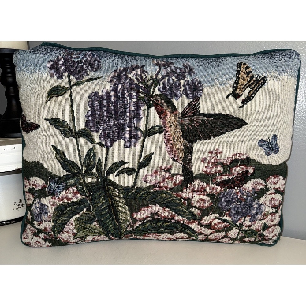 Vtg Hummingbird Butterfly Floral Tapestry Throw Pillow Decorative 13"x 17"